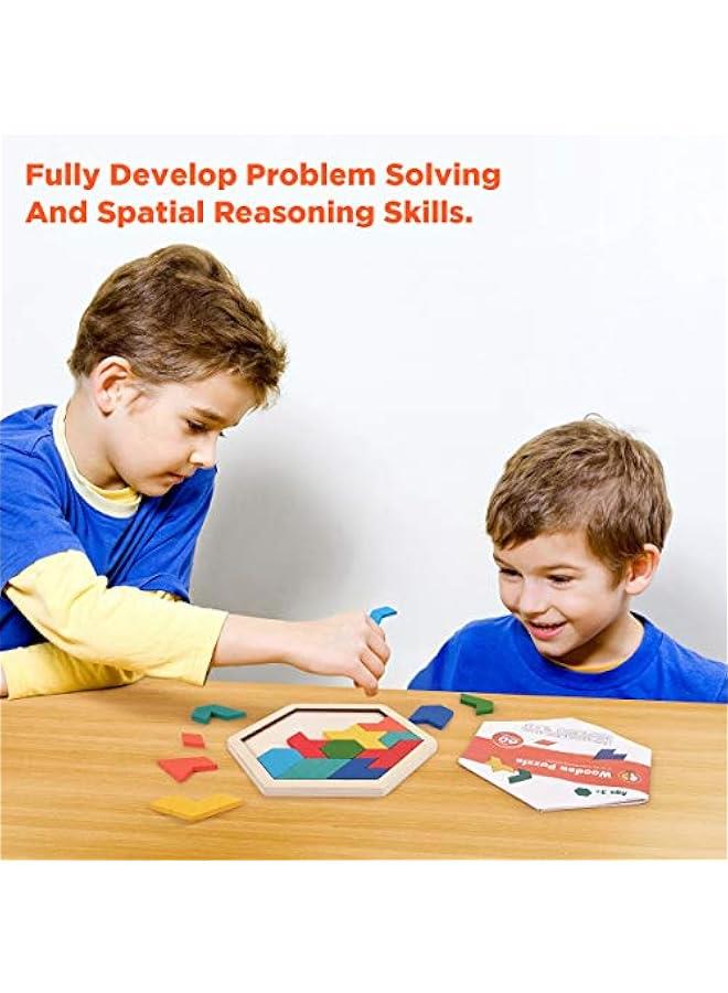 Wooden Hexagon Tangram Puzzle for Kids Adults, Geometric Shape Pattern Blocks, 3D Logic IQ Game, 60 Brain Teaser Challenges, STEM Montessori Educational Toy, Travel Games for Road Trip - Image 5